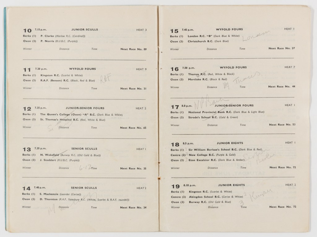 Double page of the official programme for Reading Regatta 1959 showing the schedule of events ten to nineteen including information on the type of race, time of race, team, contestant, and heat number. 