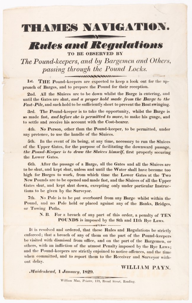 Printed poster outlining seven rules and regulations for the operation of pound locks on the Thames Navigation.