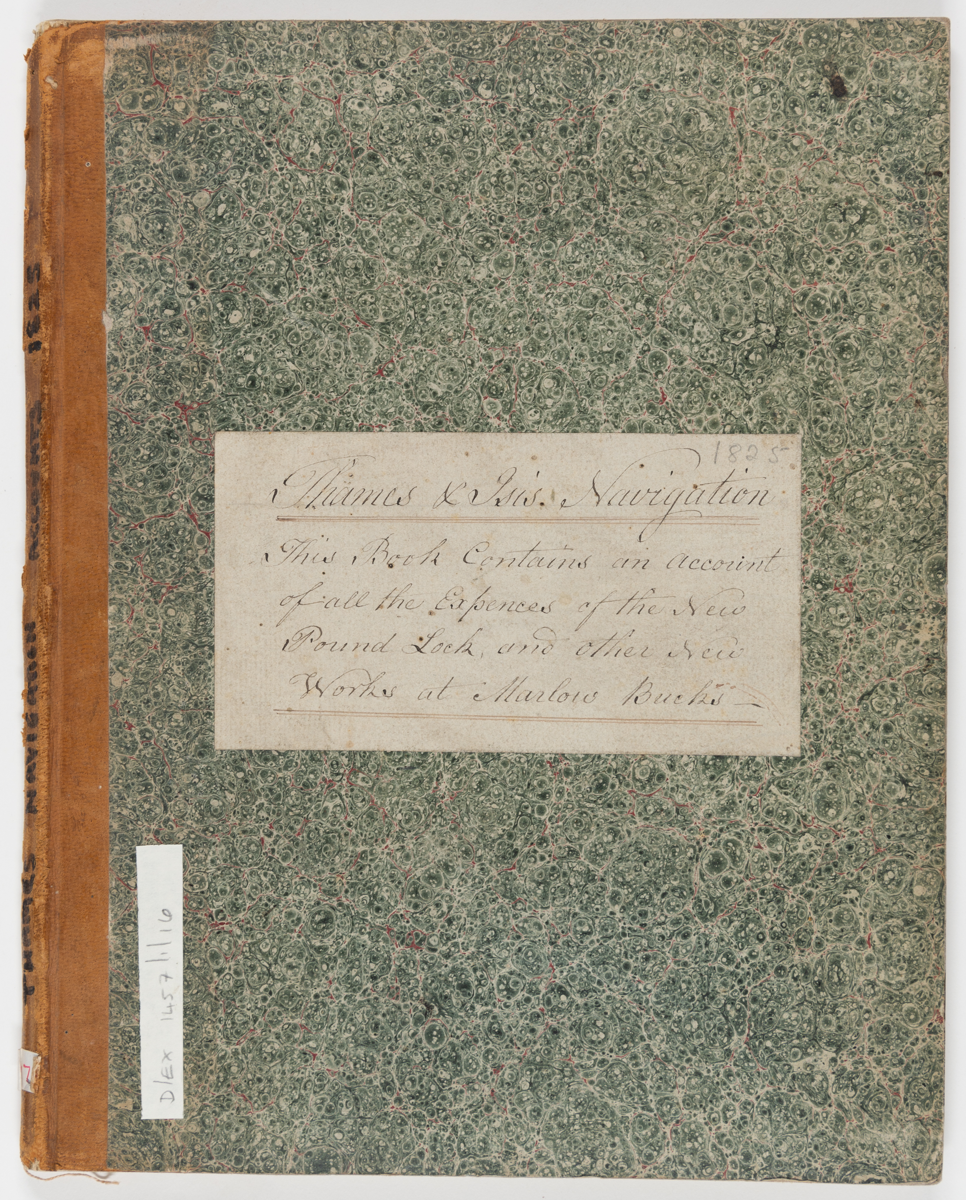 Account book with a green marbled cover and tan spine which reads: ‘Thames & Isis Navigation This Book Contains an account of all the expenses of the New Pund Loc and other new works at Marlow Bucks’.