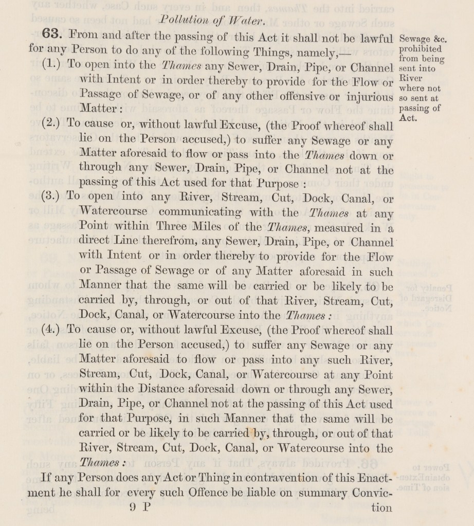 Extract from the Thames Navigation Act 1866, point 63, outlying prohibited actions which could lead to the pollution of water.