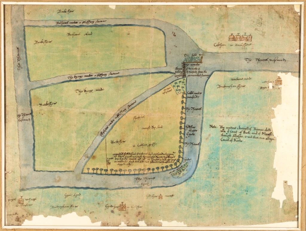 Colour plan showing the river Thames between Cookham and Taplow with a cluster of buildings in the top right representing Cookham and four individual buildings in bottom left, place and property names marked.