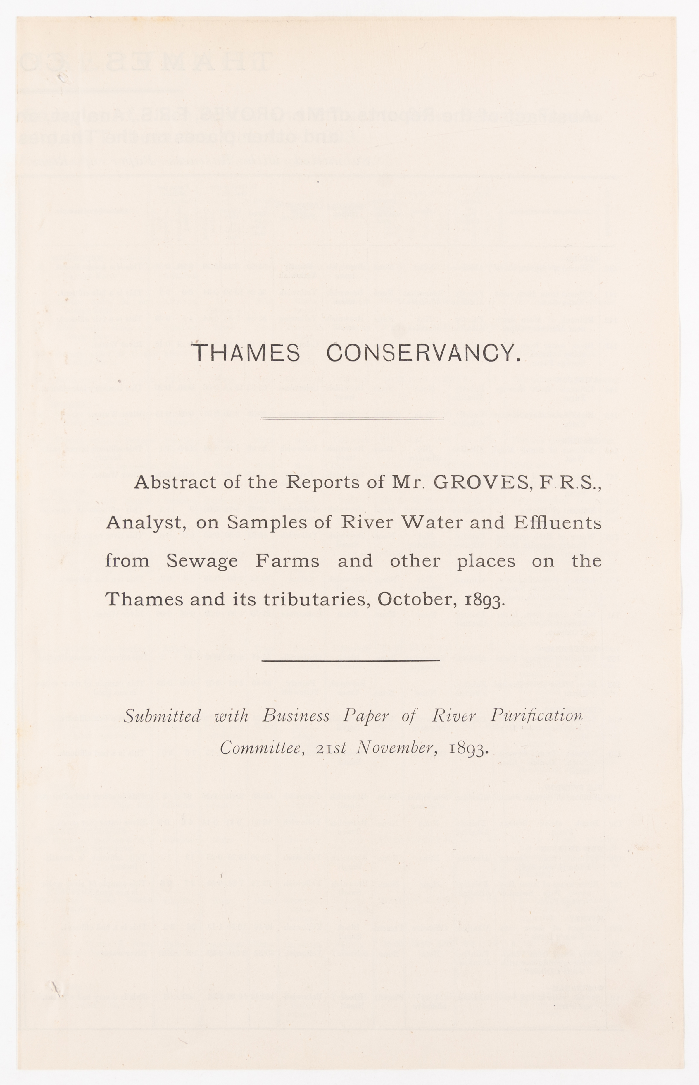 Cover page for the ‘Abstract of the Reports of Mr. Govers, F.R.S., Analyst on Samples of River Water and Effluents from Sewage Farms and other places on the Thames and its tributaries, October 1893.'