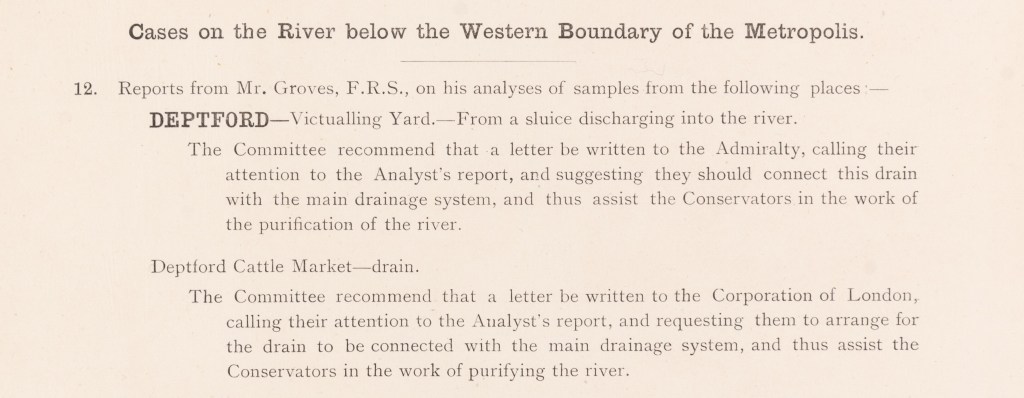 Extract taken from the River Purification Committee minutes, point 12, outlining recommendations for the pollution issues at Deptford. 