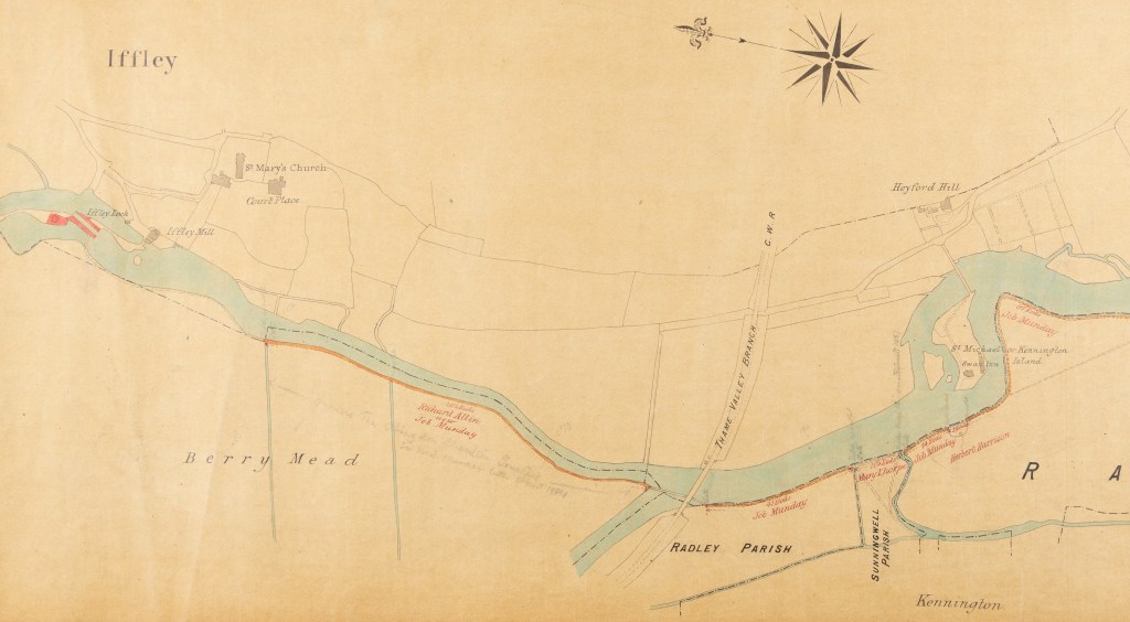 Colour plan showing Iffley, Iffley Lock, Iffley Mill, St Mary’s Church, Court Place, Berry Mead, Radley, Sunningwell, Kennington, St Michael or Kennington Island, Swan Inn, and Heyford Hill.