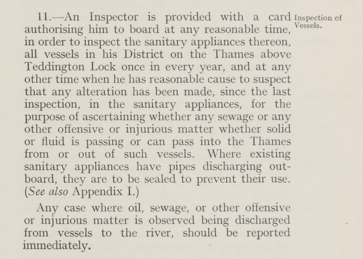 Extract of the booklet of general instructions to inspectors and assistant inspectors of the river purification service showing point 11 which concerns inspections of vessels.