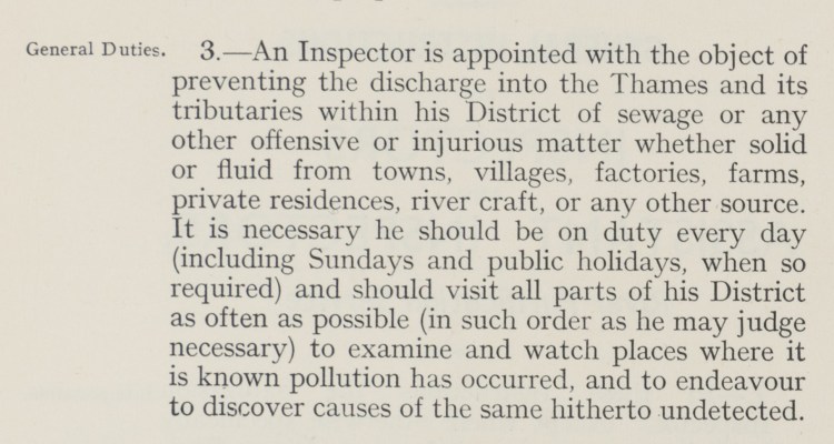 Extract of the booklet of general instructions to inspectors and assistant inspectors of the river purification service which showing point 3. under general duties as preventing the discharge into the Thames.