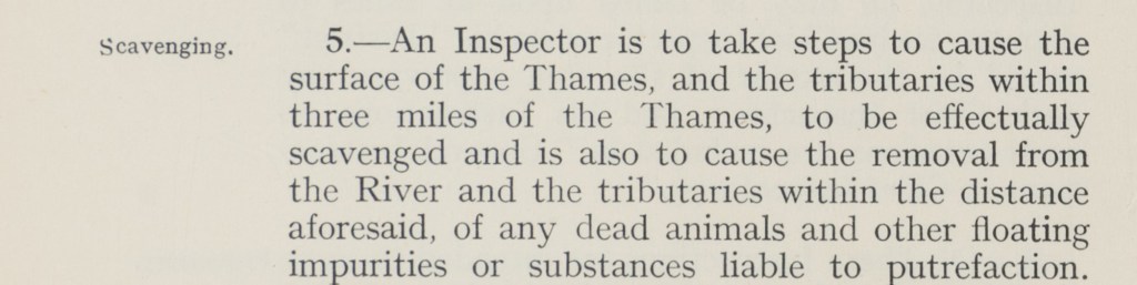 Extract of the booklet of general instructions to inspectors and assistant inspectors of the river purification service showing point 5. Scavenging in which an inspector must take steps to remove any substances from the river which may cause putrefaction. 