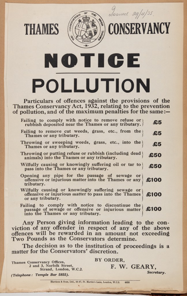 Printed pollution notice outlining the cost of fines for different offences against the provisions of the Thames Conservancy Act 1932.
