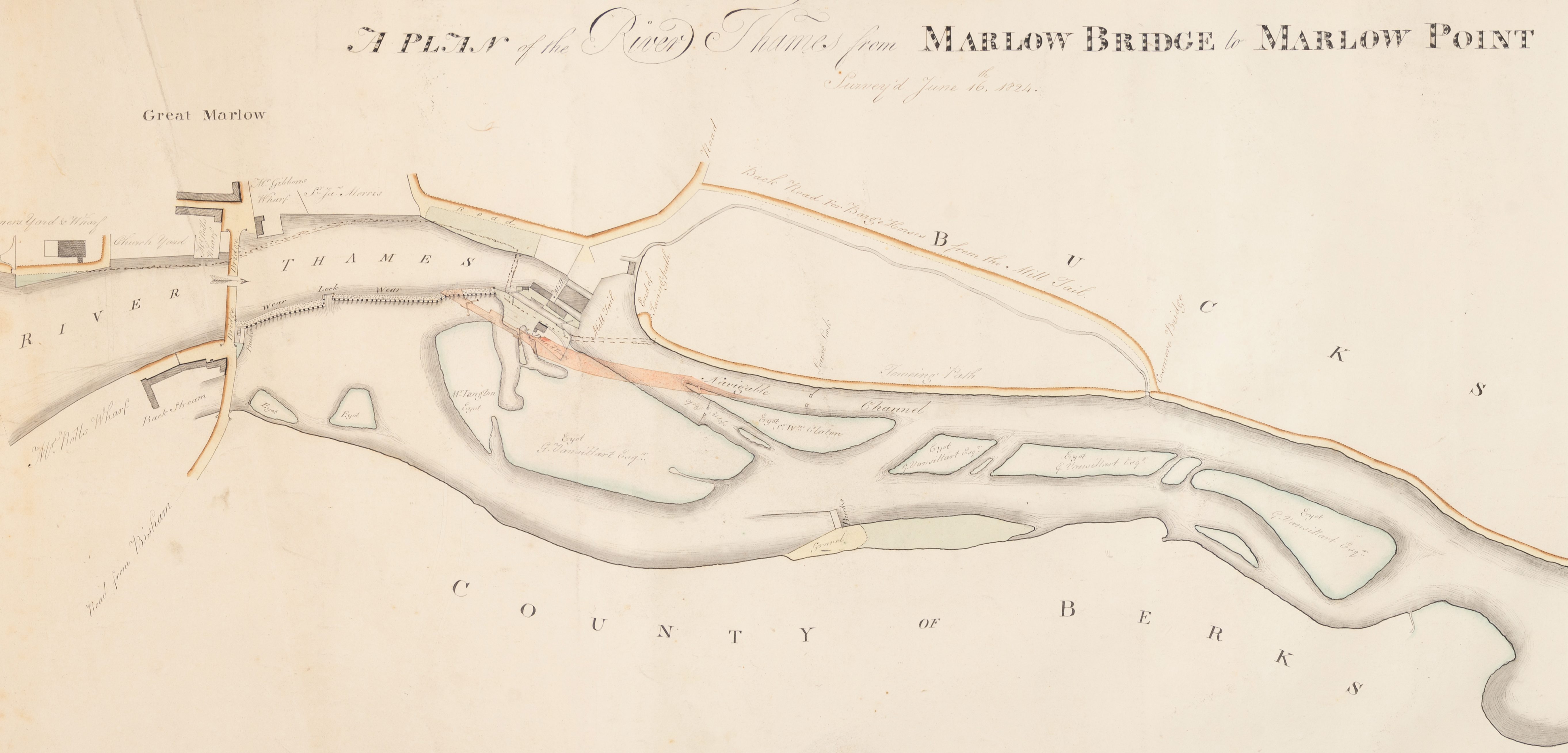 Coloured survey plan of Marlow Lock and Marlow Bridge showing the area for a new lock cut in red.