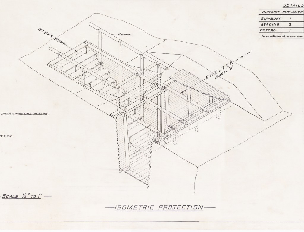 Black and white line drawing of an isometric projection of an underground shelter. Shows steps down and entrance area.