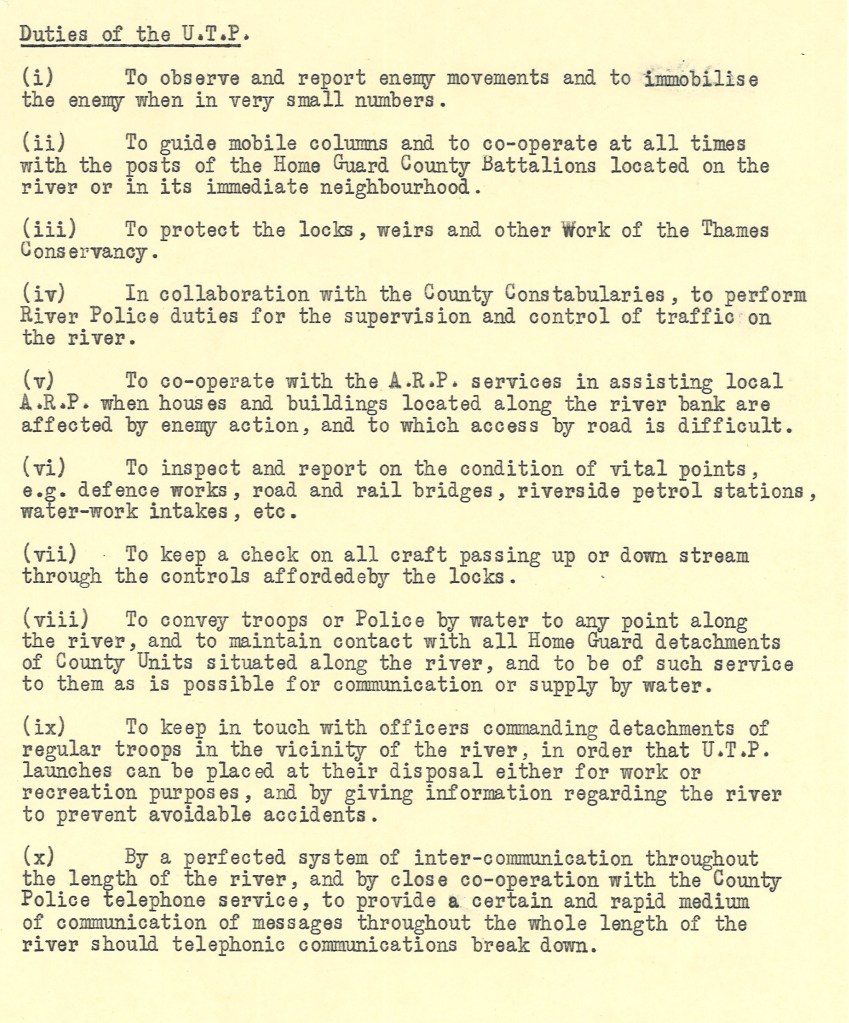 List of 10 duties of the U.T.P. Includes the protection of Locks, Weirs and other Works of the Thames Conservancy. 