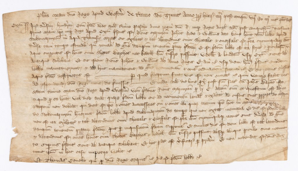 Contemporary extract from the Plea Roll of King’s Bench recording an action against Richard Marmyon, John Rede and William ate Dene for building a lock at Stoke Marmion, Oxon, and causing damage to Thames transport.