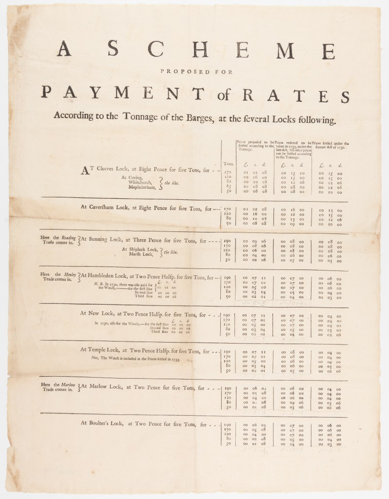 Covering page showing a printed scheme for tolls at locks between Maidenhead and Goring.