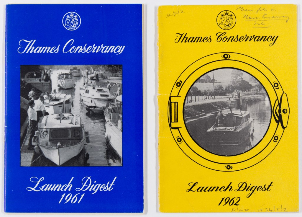 Two covers of Thames Launch Digests, 1961 and 1962, side by side, left cover is royal blue and featuring a black and white photograph of six boats near a river mooring, right is bright yellow and features a photograph of a single boat near the edge of a canal within a drawing of porthole.
