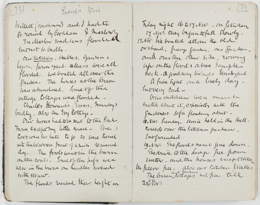 Double page of a handwritten estate memorandum book by Henry James Vansittart Neale recording the events that took place at Bisham Estate during the 1984 flood of the Thames Valley.