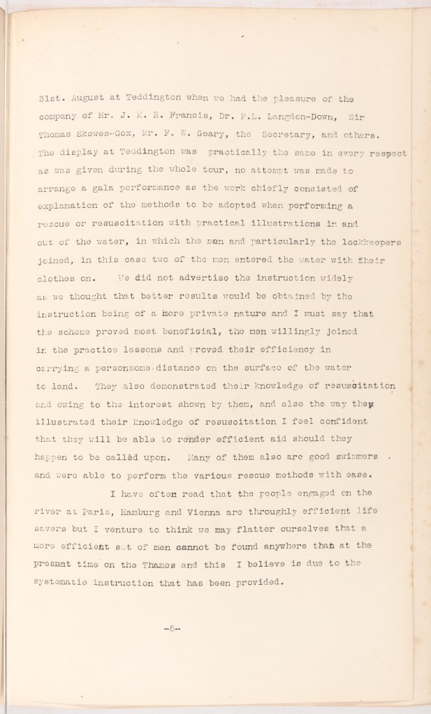 A page from the report on the training received. It describes it as an ‘explanation of the methods to be adopted when performing a rescue or resuscitation with practical illustrations in and out of the water’.