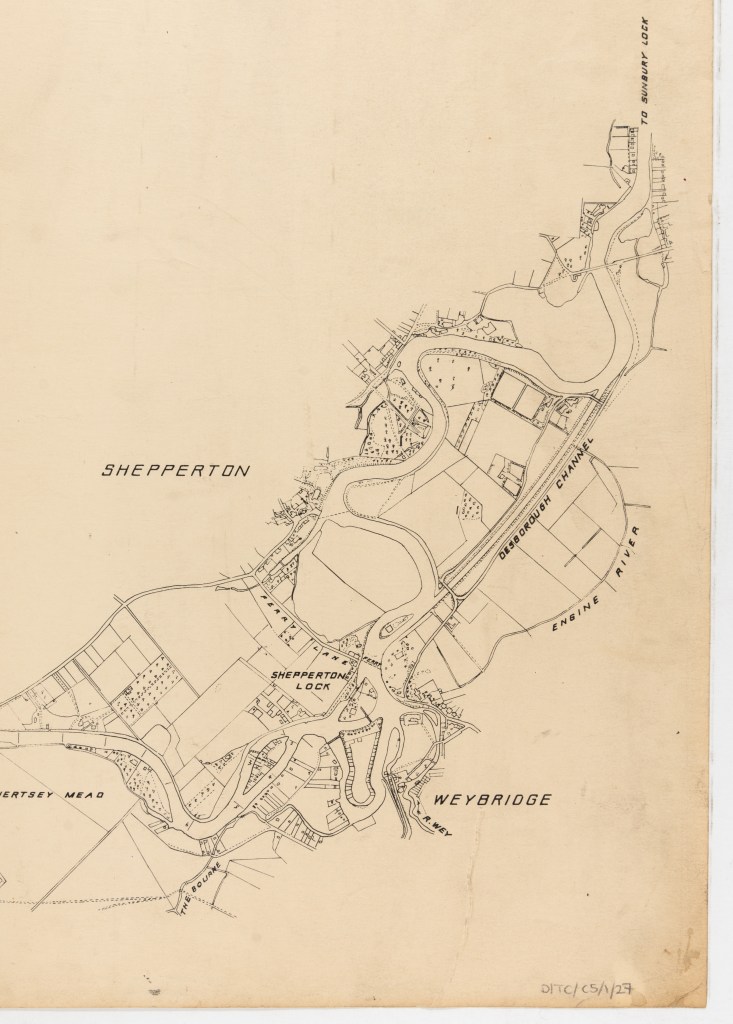 Line drawing plan showing the Desborough Channel, Engine River, Shepperton Lock, Ferry Lane and The Bourne between Shepperton and Weybridge.