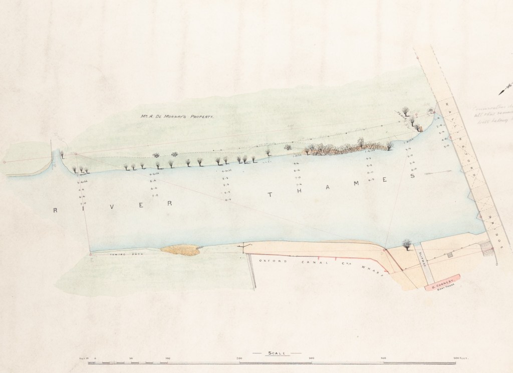 Colour plan of the tree-lined River Thames showing Wallingford Bridge, land described as ‘Mr A. De Mornay’s property’, towing path, Oxford Canal Co.’s Wharf, slipway, and G. Corneby Boathouse.