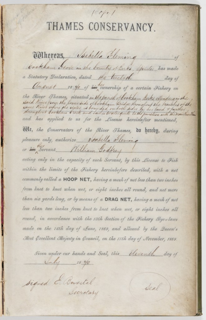 Fishing licence for Isabella Fleming detailing where she is permitted to fish and which equipment is appropriate in accordance is the Fishery Bye-Laws. Signed by E. Ba?rstal Secretary.