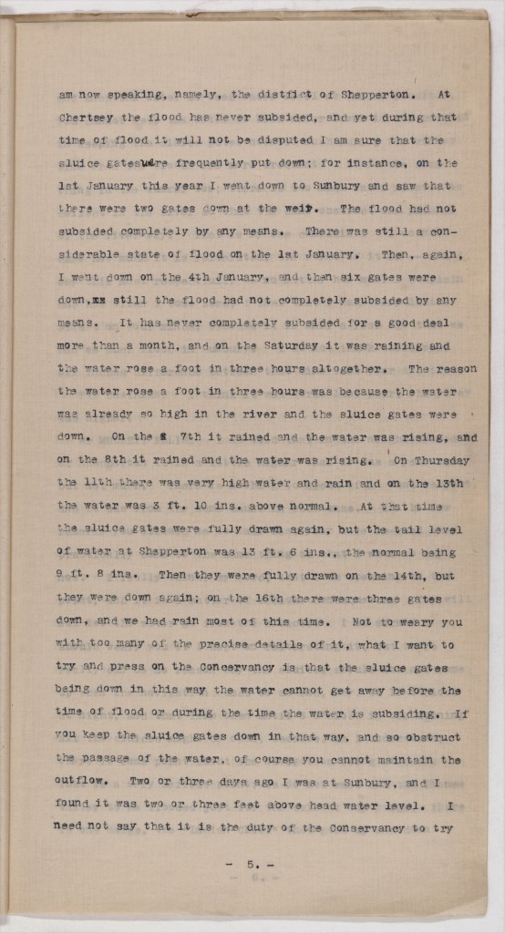 Typescript minutes of proceedings of a public inquiry which features a complaint made by Mr T. Mullett-Ellis relating to flooding of the River Thames.