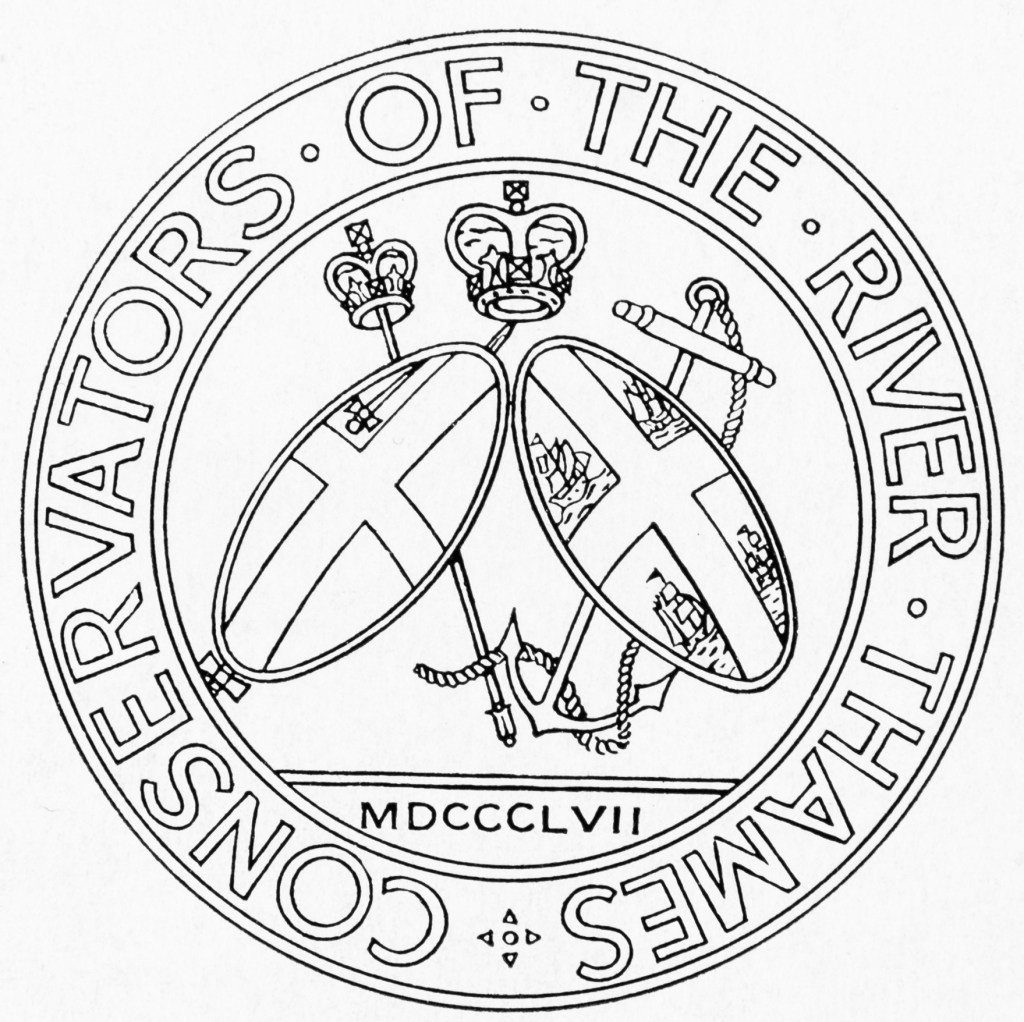Black and white circular logo with ‘Conservators of the River Thames’ around the outside edge. In the centre are two shields in front of a sceptre and an anchor with rope. The left shield has a single sword on it and a cross. The right shield has four boats and a cross on it. Above the shields, at the centre, is a crown. Below the shields is ‘MDCCCLVII’.