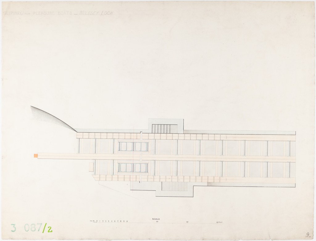 Coloured plan of the profile of boat slipway for pleasure boats for Molesey Lock with scale.