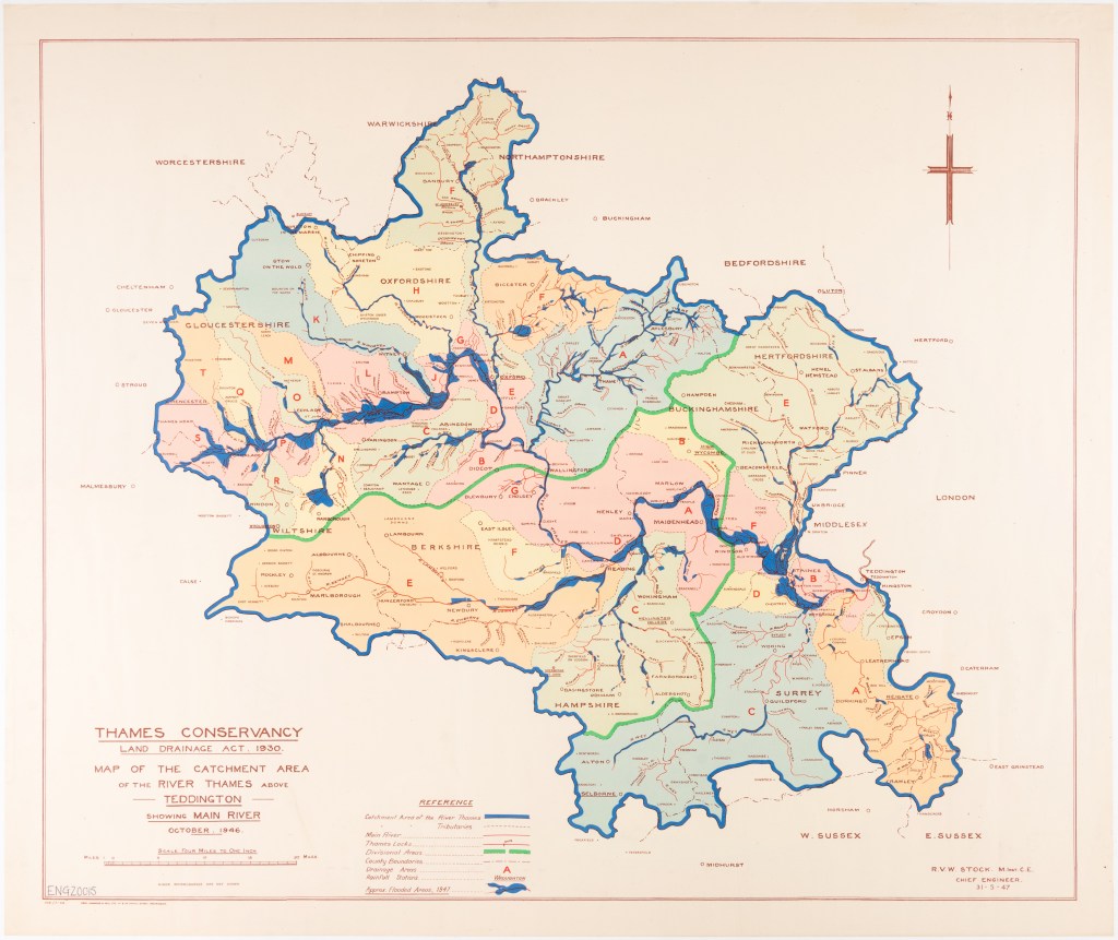 Coloured map showing the Thames Conservancy catchment area and the areas affected by the 1947 flood within the Thames Valley.