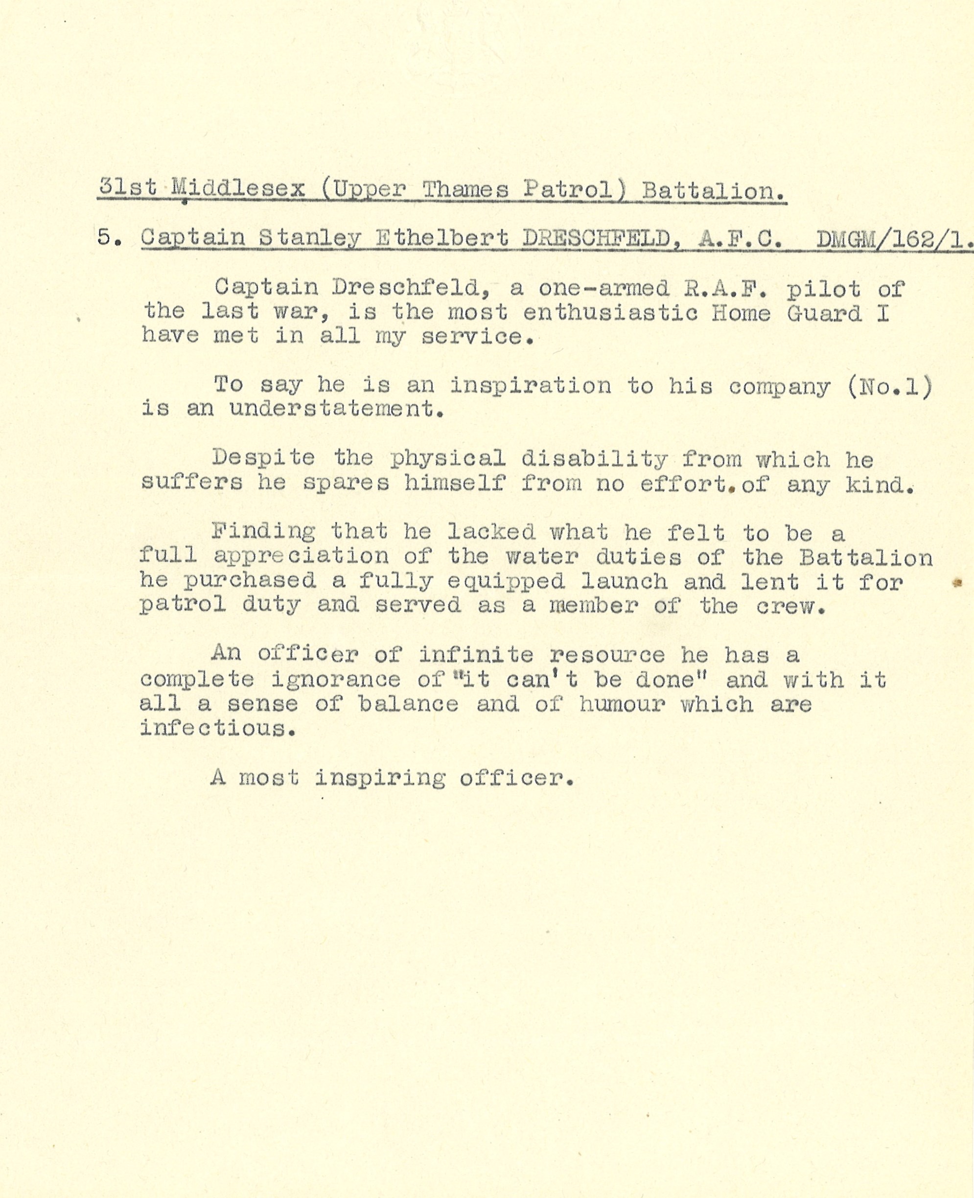 Typewritten recommendation for Captain Stanley Ethelbert Dreschfeld