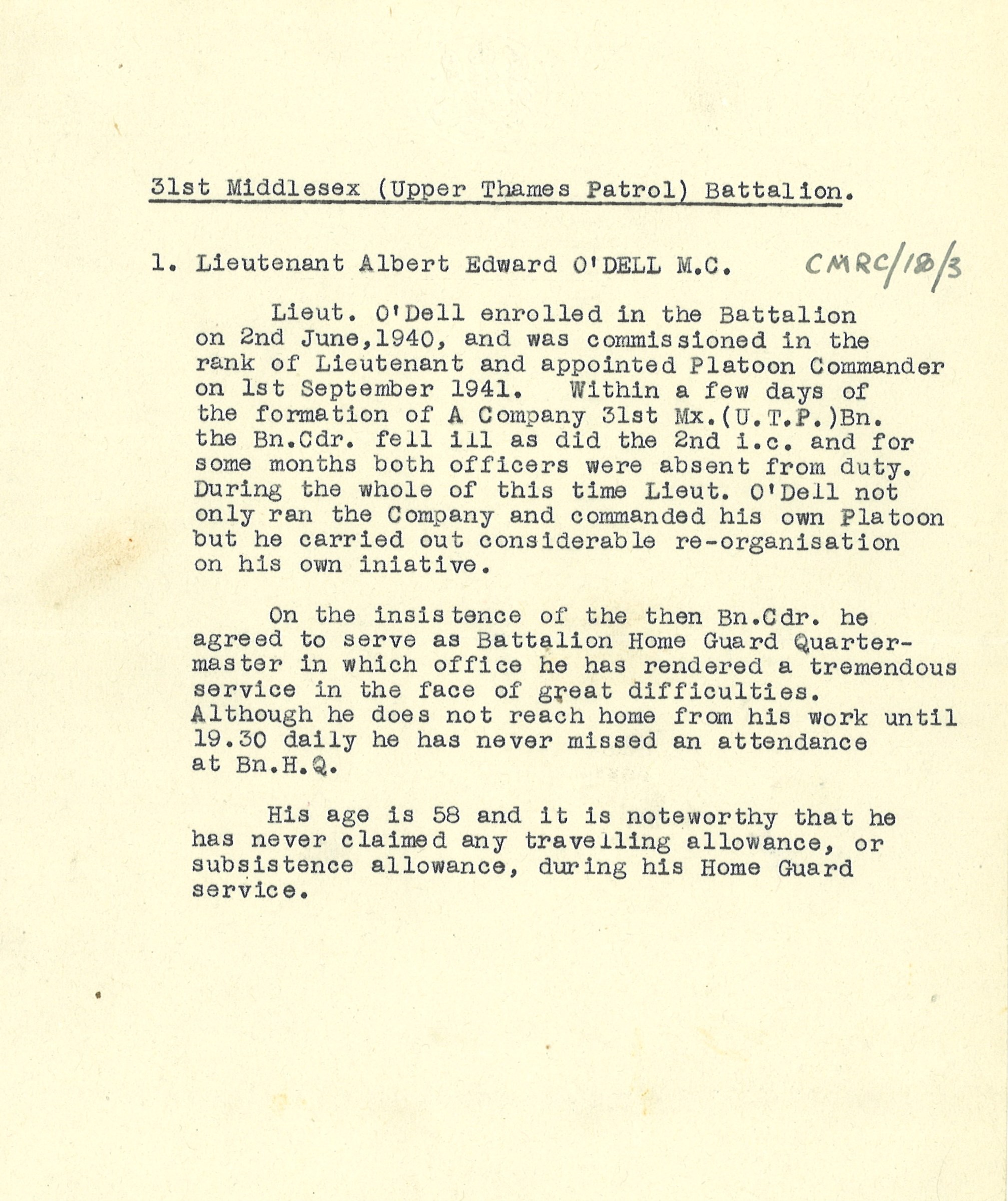 Typewritten recommendation for Lieutenant Albert Edward O’Dell