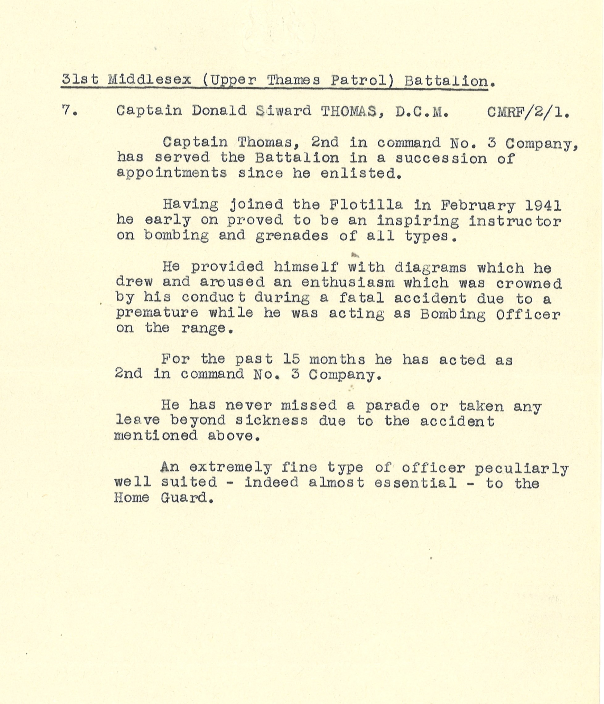 Typewritten recommendation for Captain Donald Siward Thomas