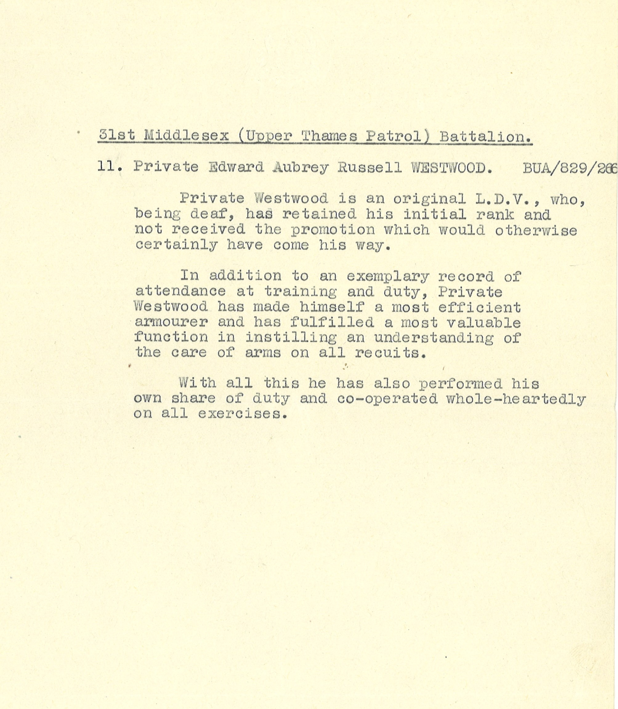 Typewritten recommendation for Private Edward Aubrey Russell Westwood