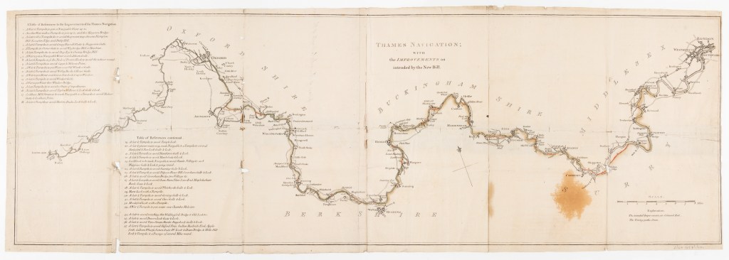 Map of the river showing Thames Navigation Commission improvements, 1791. Map shows Oxfordshire, Buckinghamshire, Middlesex, Berkshire and Surrey from Lechlade (Oxfordshire) to London.