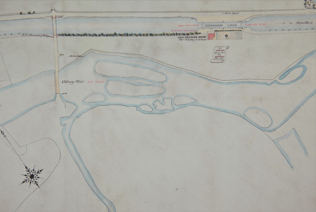 Hand-drawn colour plan showing Cookham Lock and Odney Weir. Includes lock-keeper’s house.
