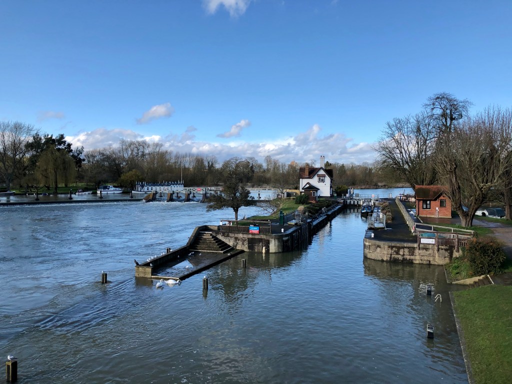 Colour photograph of Goring lock and lockhouse. Two swans and some seagulls are in the foreground.