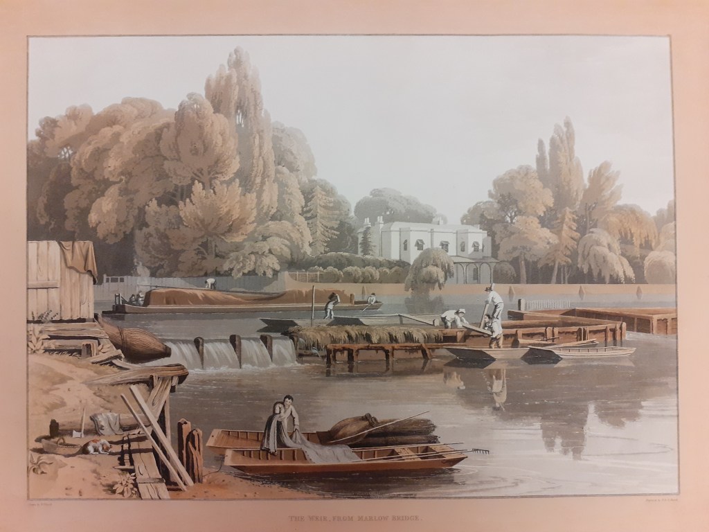 Coloured engraving of Marlow Weir with men carrying out improvements being made to the wier structure by workmen.