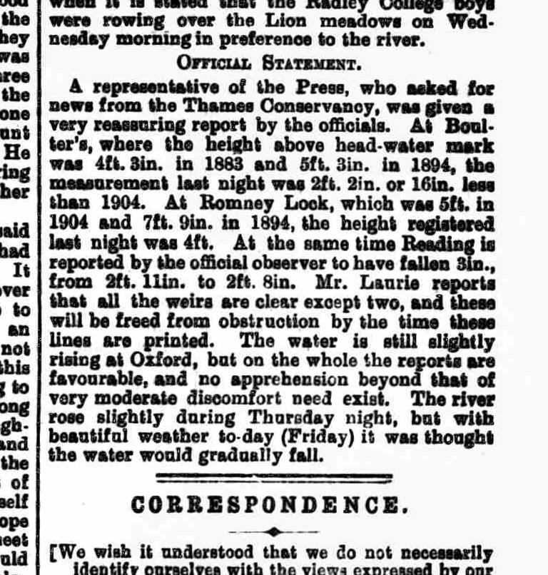 Extract of a black and white newspaper cutting which recorded an official statement by a Thames Conservancy spokesperson reporting on the water levels at various locks.