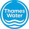 A blue circular logo with 'Thames Water' at the top and water symbol at the bottom.
