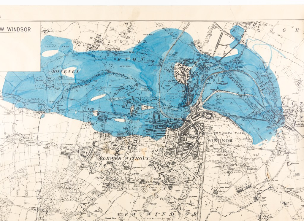 Black and white area map of Windsor annotated with blue pen to show the extent of the 1947 flood.